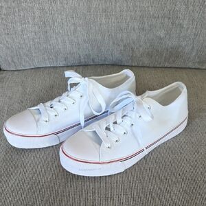 White Canvas Sneakers with Red And Black Stripe, Womens, Size 9, New